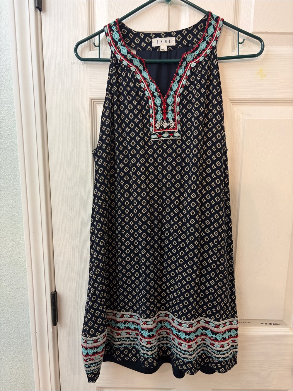 THML Navy Printed Sleeveless Embroidered Shift Dress